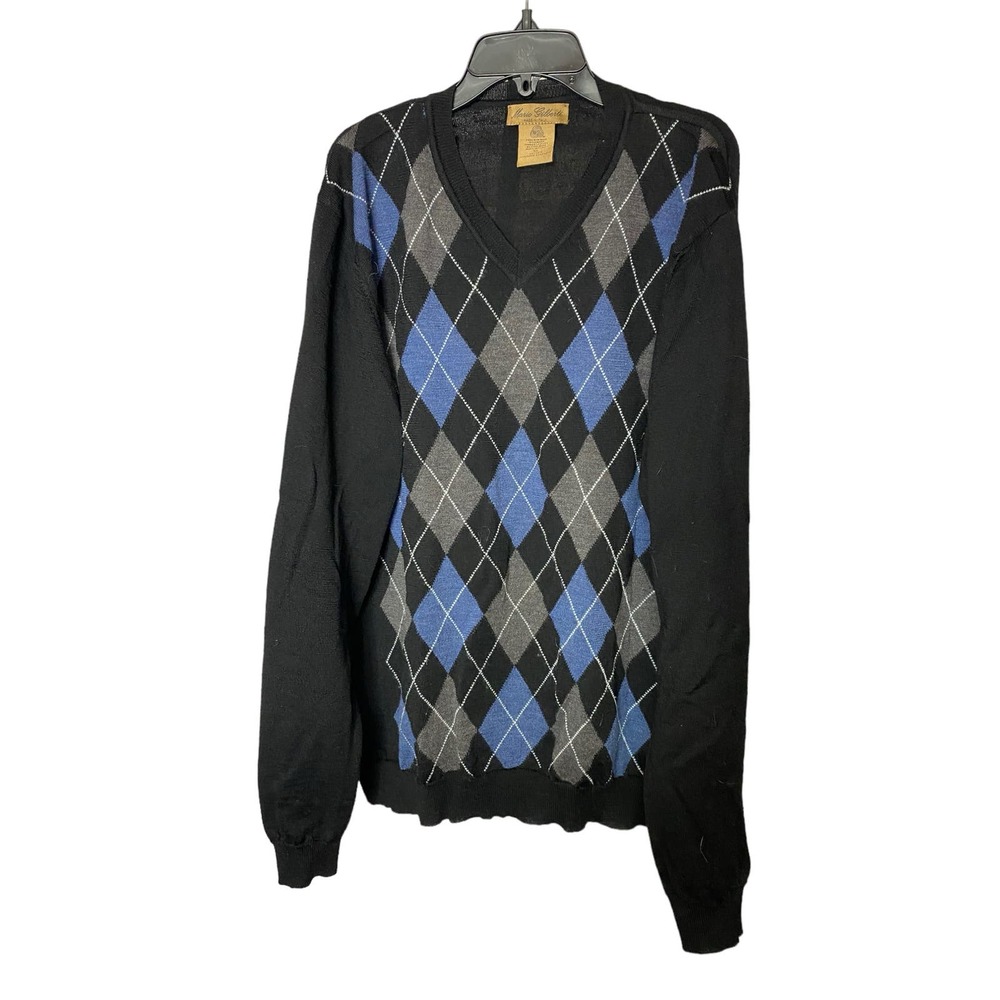 Mario Gilberti 100% Pure Wool Sweater XL Argyle V-Neck Knit Blue Black Golf Gray